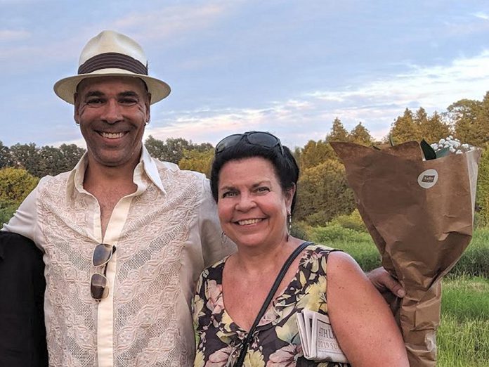 Beau Dixon with kawarthaNOW publisher Jeannine Taylor at opening night of Dixon's 2019 hit play "Bloom: A Rock 'n' Roll Fable" at 4th Line Theatre in Millbrook. (Photo: Bruce Head / kawarthaNOW.com)