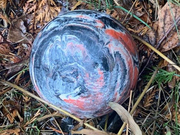 Do you recognize this five-pin bowling ball? It was thrown into the windshield of a moving car by a passing motorist on Buckhorn Road near Upper Chemung Drive in Selwyn Township at around 10 p.m. on November 26, 2020. (Police-supplied photo)
