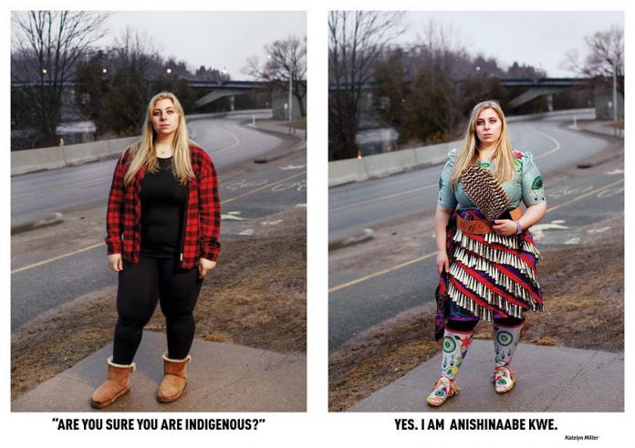 Katelyn Miller, an Indigenous student at Trent University who participated in the 'Breaking Down Stereotypes' photo-based community art project. The project is on display at Artspace in downtown Peterborough until November 14, 2020. (Photos by Annie Sakkab)