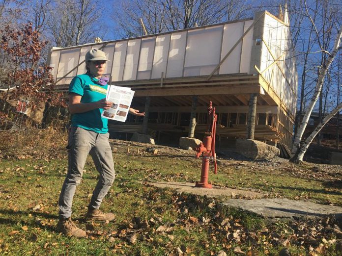 Deirdre McGahern, founder and president of Peterborough-based straw bale building company Straworks, outlines the unique features of the new health centre building quickly taking shape at Camp Kawartha on Clear Lake in Douro-Dummer. The 1,200-square-foot building is a shining example of next generation sustainable architecture, built exclusively with natural materials resulting in net-zero utility costs, zero toxins, zero fossil fuel use, and zero waste output for a zero-carbon footprint. (Photo: Paul Rellinger / kawarthaNOW.com)