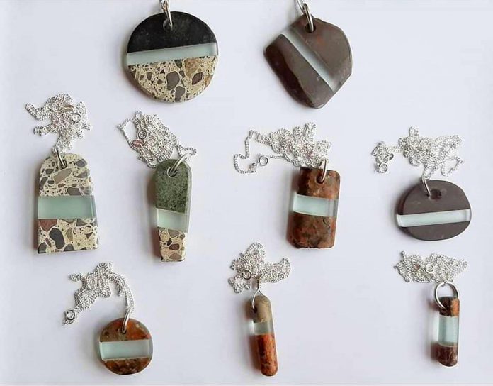 Some of artist Christy Haldane's hanging stone-and-glass pendants, which are available online at her website. A selection of the pendants will also be available at the Art Gallery of Peterborough's gallery shop in late November.  (Photo courtesy of Christy Haldane)