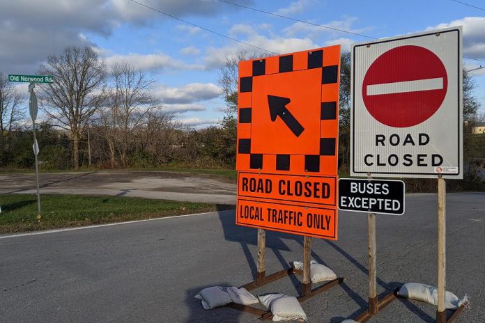 Old Norwood Road is one of three roads connecting Television Road to Ashburnham Drive the City of Peterborough has closed to through traffic until Parks Canada completes construction of the Warsaw Swing Bridge on Parkhill Road East between Armour Road and Television Road. (Photo: Bruce Head / kawarthaNOW.com)