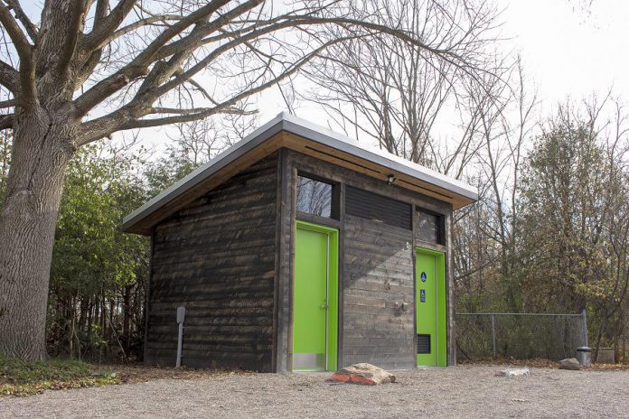 Community donations to GreenUP in 2019 supported the completion of this low-impact barrier-free washroom at Ecology Park in Peterborough. This washroom ensures that Ecology Park can accommodate all of its school classes, community groups, and visitors in the future. (Photo: Leif Einarson)