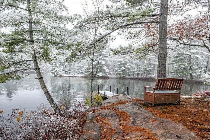 This photo of the season's first snow on Kasshabog Lake in Peterborough County is one of a series by Mike Quigg that was our top post on Instagram in October 2020. Mike's photos of fall on Kasshabog Lake also topped our Instagram in September. (Photo: Mike Quigg @_evidence_ / Instagram)