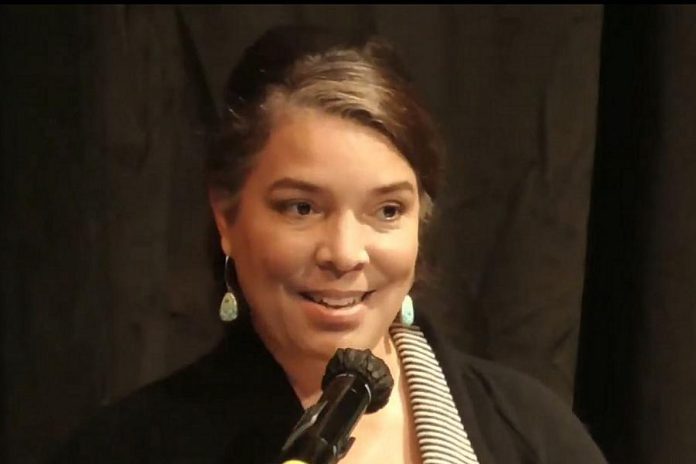 Lisa Dixon, owner of Black Honey in downtown Peterborough, speaks during the 2020 Junior Achievement Business Hall of Fame at The Venue in downtown Peterborough on November 5, 2020. Dixon was one of six inductees honoured at the COVID-safe event, which was also livestreamed on YouTube and Facebook. (Screenshot)