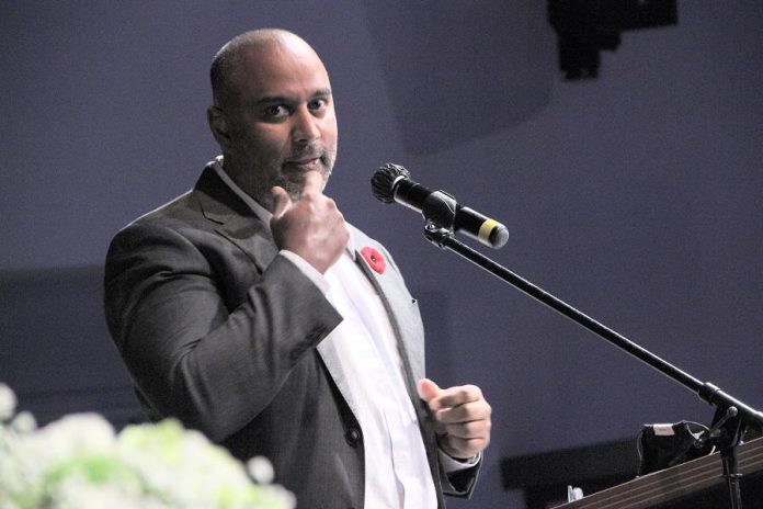 Sanjeev Sukumaran, owner of The Ear Company-Peterborough Audiology, speaks during the 2020 Junior Achievement Business Hall of Fame at The Venue in downtown Peterborough on November 5, 2020. Sukumaran was one of six inductees honoured at the COVID-safe event, which was also livestreamed on YouTube and Facebook. (Photo courtesy of Junior Achievement - Northern and Eastern Ontario)