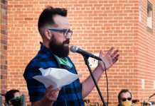 Poet Justin Million, the 2020 Downtown Artist in Residence, performing at "An Afternoon of Spoken Word & Poetry #2" outside The Theatre on King in downtown Peterborough on November 7, 2020. The event was part of Artsweek SHIFT: Downtown, which Million curated, and featured poets and spoken word artists including Jon Hedderwick, Elizabeth Jenkins, Shaun Phua, Nick Taylor, and more. (Photo: Andy Carroll)