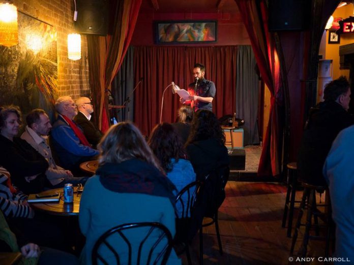 Poet Justin Million, the 2020 Downtown Artist in Residence, performing at the Show and Tell Poetry Series Showcase at The Garnet in downtown Peterborough in April 2019. (Photo: Andy Carroll)