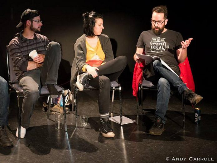 Poet Justin Million (right), the 2020 Downtown Artist in Residence, speaking during the "Writing off the Edge: Precarious Poetry and Prose" discussion, part of the 2017 Precarious Festival in Peterborough.  Also pictured are Narthan Adler (left) and Elisha Rubacha (centre), who is also Million's partner and a writer and publisher. (Photo: Andy Carroll)
