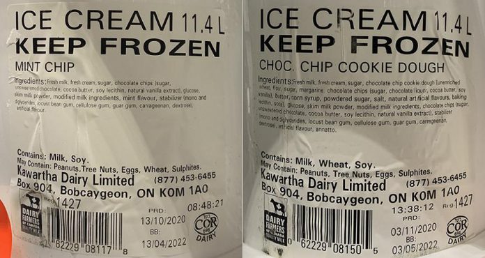 Restaurants and institutions using Kawartha Dairy's Mint Chip Ice Cream or Chocolate Chip Cookie Dough Ice Cream should check the tubs for specific production codes to see if the ice cream has been recalled. Kawartha Dairy is recalling the production codes because of the possibility that chocolate chips used in the ice cream may include small pieces of metal. (Supplied photos)