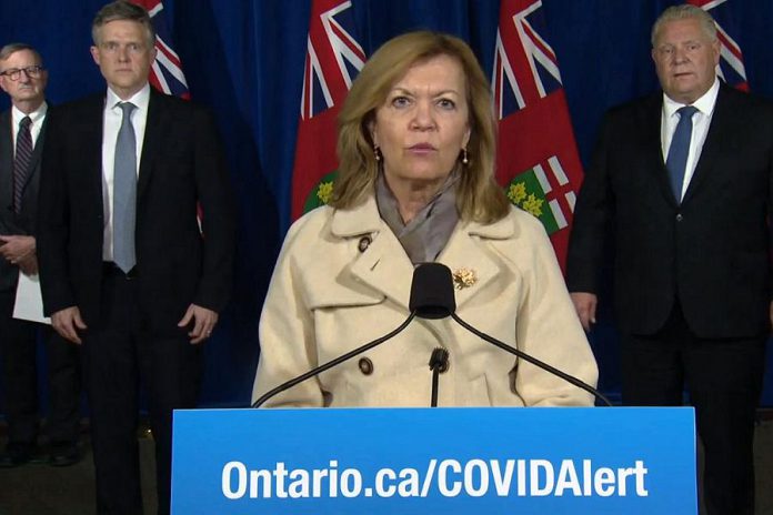 At a media conference at Queen's Park on November 20, 2020, Ontario health minister Christine Elliott announced Peterborough Public Health region will be moving into the "yellow-protect" level effective November 23, 2020. Toronto and Peel Region will be moving into the most restrictive lockdown level. (CPAC screenshot)
