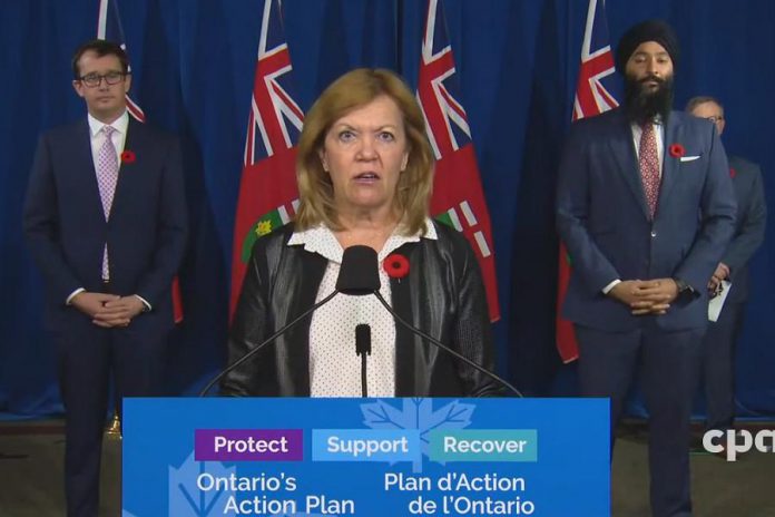 Ontario health minister Christine Elliott announcs additional public health support for Peel Region at Queen's Park on November 9, 2020, in response to a record increase in COVID-19 cases in Peel Region over the weekend. (CPAC screenshot)