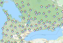 More than 1,800 active hydro outages in southwestern and central Ontario on the morning of November 16, 2020 after a severe windstorm swept across the province the previous day. (Map: Hydro One)