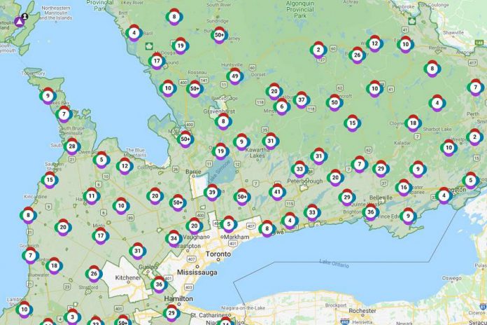 More than 1,800 active hydro outages in southwestern and central Ontario on the morning of November 16, 2020 after a severe windstorm swept across the province the previous day. (Map: Hydro One)