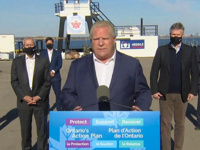On the heels of another record increase of COVID-19 cases in Ontario, Premier Doug Ford urges Ontarians to follow public health advice at a media conference at Heddle Shipyards in Hamilton on November 12, 2020. (CPAC screenshot)