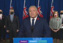 Premier Doug Ford announces Ontario's new classification system for COVID-19 activity in public health units at a media conference at Queen's Park on November 3, 2020. (CPAC screenshot)
