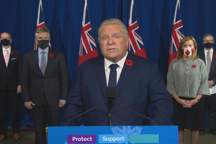 Premier Doug Ford announces Ontario's new classification system for COVID-19 activity in public health units at a media conference at Queen's Park on November 3, 2020. (CPAC screenshot)