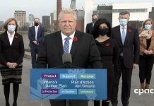 At a media conference in Ottawa on November 6, 2020, Ontario Premier Doug Ford announces Peel Regional Health Unit will move into the 'Red-Control' level in Ontario's new colour-coding system. (CPAC screenshot)