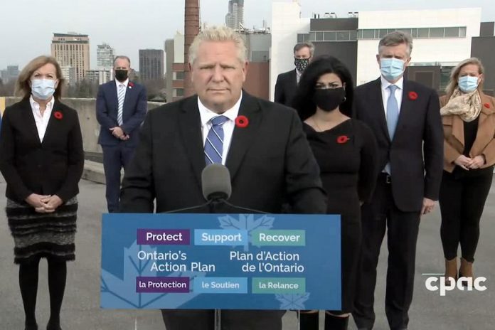 At a media conference in Ottawa on November 6, 2020, Ontario Premier Doug Ford announces Peel Regional Health Unit will move into the 'Red-Control' level in Ontario's new colour-coding system. (CPAC screenshot)