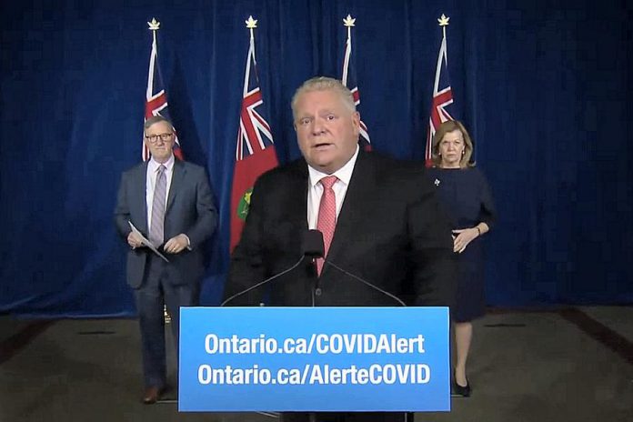 Ontario Premier Doug Ford during a Queen's Park media conference on November 25, 2020, announcing the province's public health advice on safely celebrating the holiday season. (CPAC screenshot)