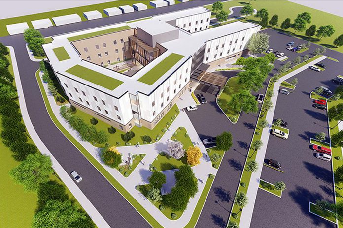 A bird's eye view of OMNI Health Care's proposed development for the new Riverview Manor in Peterborough, from February 2019. (Rendering: G architects)