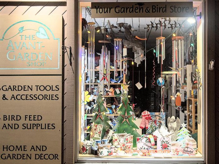 The holiday window at The Avant-Garden Shop at 165 Sherbrooke Street in downtown Peterborough.  Offering home and garden décor, gardening accessories, and backyard birding supplies, The Avant-Garden Shop is one of more than 140 local shops, restaurants, and services listed at theboro.ca if you prefer to do your local holiday shopping online. The Avant-Garden Shop also offers gift cards. (Photo courtesy of Peterborough DBIA)