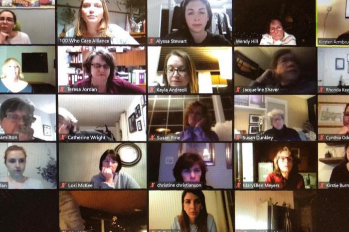 Some of the members of 100 Women Peterborough participating in a Zoom call on December 15, 2020, when they voted to donate member-raised funds to Community Counselling and Resource Centre in Peterborough. (Photo courtesy of 100 Women Peterborough)