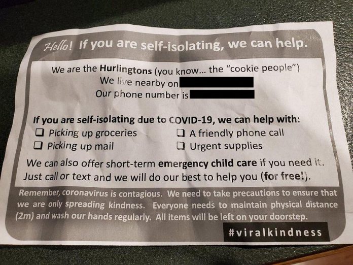 This flyer distributed by the Hurlington family in Peterborough's Marsdale neighbourhood offered assistance to self-isolating neighbours in March. (Photo courtesy of Moray Martin)