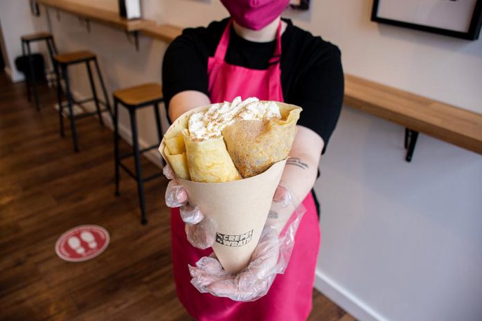 The Crepes of Wrath is a take-out restaurant in the former location of Hunter Street Books in downtown Peterborough that offers both sweet and savoury crepes. (Photo: Peterborough Downtown Business Improvement Area)