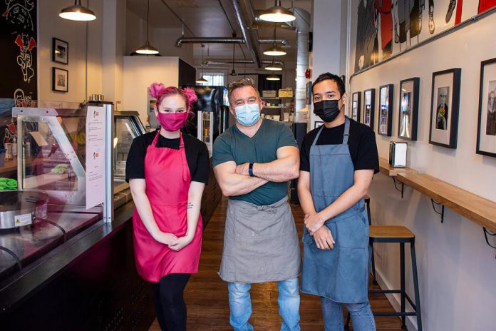 The Crepes of Wrath owner Brian Goeckel (middle) with staff at The Crepes of Wrath in the Hunter Street cafe district in downtown Peterborough. (Photo: Peterborough Downtown Business Improvement Area)