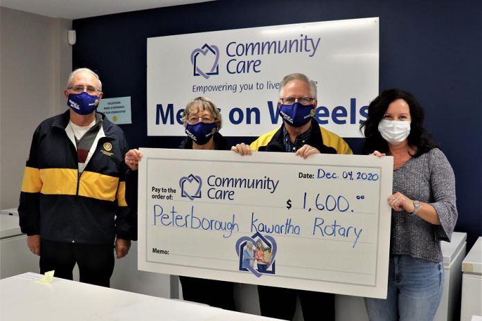 The Rotary Club of Peterborough Kawartha presents a cheque for $1,600 to Community Care Peterborough. (Supplied photo)