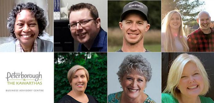 The seven entrepreneurs receiving micro-grants from the Peterborough & the Kawarthas Business Advisory Centre's Starter Company Plus program. Top row: Debra Ragbar, Lyle Saunders, Christopher Nayler, and Dean and Amy Howley. Bottom row: Jocelynn Vieira, Susan Dunkley, and Alicia Doris.