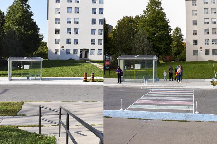 Before and after photos of Talwood Drive in Peterborough during the GreenUP NeighbourPLAN's infrastructure pop-up in October 2020. (Photos: Laura Keresztesi and Leif Einarson)