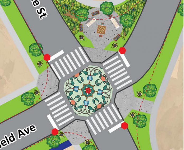 The dashed lines in this illustration from the Jackson Park and Brookdale vision document shows the unusually large intersection of Chesterfield Avenue and Downie Street as it is now, and how the intersection could be resdesigned with curb extensions, more community green space, and shorter crossing distances. (Illustration by Frolic Art and Designs for GreenUP)