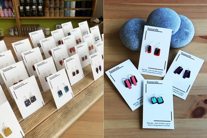 Stylish up-cycled Keetarela earrings are made from Peterborough-sourced beer cans. Come see the full selection at The GreenUP Store. (Photos: Kristen LaRocque, Jackie Donaldson)