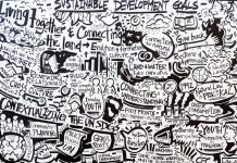 A detail of an illustration created by local artist Jason Wilkins in real-time to capture ideas and key concepts shared at a 2019 community forum on the United Nations' 2030 Agenda. The forum brought together 120 community leaders, politicians, students, and educators to learn more about the agenda and to identify priorities for the Peterborough region using collaborative activities and discussion. (Photo: Kawartha World Issues Centre)