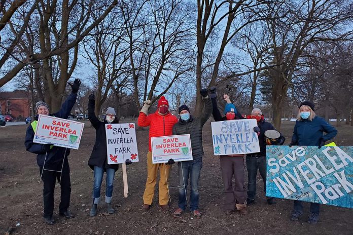 Local residents protesting the possibility of Inverlea Park being the site of a new fire hall. (Photo: Jose Botero / Friends of Inverlea Park Facebook group)