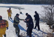 Members of the Kawartha Lakes Police Service and Kawartha Lakes Fire and Rescue rescue a woman who had fallen through thin ice on Scugog River in Lindsay on December 29, 2020. (Photo courtesy of Kawartha Lakes Police Service)