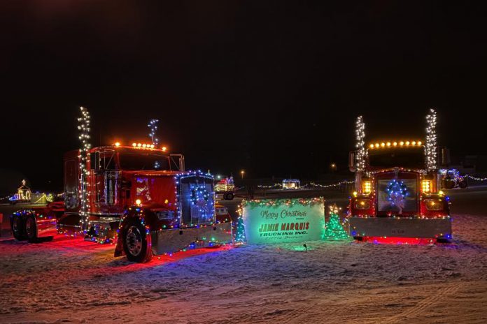 A holiday display by Jamie Marquis Trucking Inc. at the Merry & Bright Festival at Lindsay Exhibition fairgrounds, running from December 18 to 31, 2020. (Photo: Shanice Sproule)