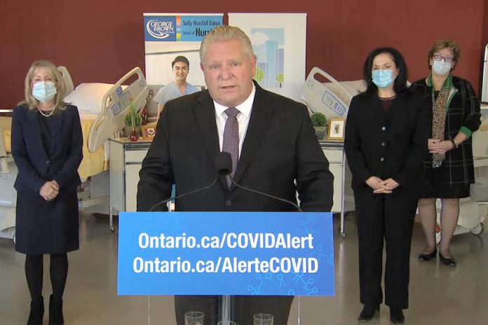 Ontario Premier Doug Ford at a media conference at George Brown College's waterfront campus in Toronto on December 17, 2020, responding to a reporter's question about the Ontario Hospital Assoociation's call for Ontario to move more public health unit into lockdown after a record increase of 2,432 COVID-19 cases in the province. (CPAC screenshot)