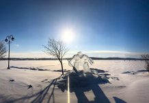 This ice sculpture of a hockey player by Charlie "Woodchuk" Andolsek on the shores of Chemong Lake in Ennismore was created in advance of the 2019 annual PolarFest winter family festival in Selwyn Township. The 2021 festival has been cancelled due to COVID-19. (Photo courtesy of Steph Bush / @s0_fetchh on Twitter)