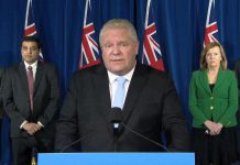 Ontario Premier Doug Ford at Queen's Park on December 21, 2020, announcing a province-wide shutdown due to the COVID-19 that begins at 12:01 a.m. on December 26 and continues for 28 days in southern Ontario and 14 days in northern Ontario. (CPAC screenshot)