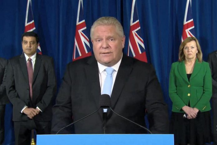 Ontario Premier Doug Ford at Queen's Park on December 21, 2020, announcing a province-wide shutdown due to the COVID-19 that begins at 12:01 a.m. on December 26 and continues for 28 days in southern Ontario and 14 days in northern Ontario. (CPAC screenshot)