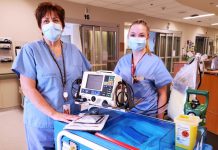 Leah McCracken (left) has been a registered nurse in the Intensive Care Unit (ICU) at Peterborough Regional Health Centre (PRHC) for the past 18 years. She and her colleagues like Kelsey Thibert (right) depend on your generous support for the equipment and technology they need. It helps them continue to provide urgent, lifesaving, and lifechanging care at your hospital. (Photo courtesy of PRHC Foundation)