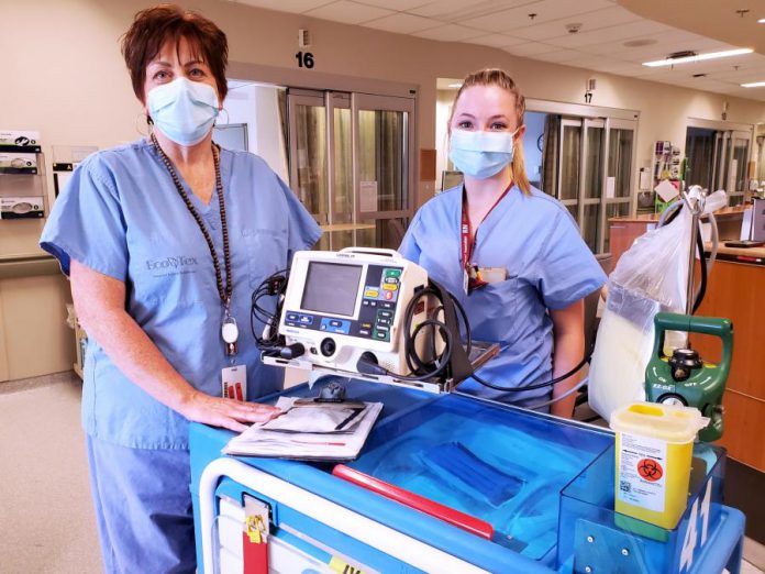 Leah McCracken (left) has been a registered nurse in the Intensive Care Unit (ICU) at Peterborough Regional Health Centre (PRHC) for the past 18 years. She and her colleagues like Kelsey Thibert (right) depend on your generous support for the equipment and technology they need. It helps them continue to provide urgent, lifesaving, and lifechanging care at your hospital. (Photo courtesy of PRHC Foundation)