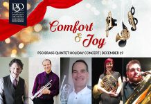 The Peterborough Symphony Orchestra's Brass Quintet will perform "Comfort and Joy", an online holiday concert from the stage at Showplace Performance Centre in downtown Peterborough on December 19, 2020. The PSO Brass Quintet will feature Michael Newnham on trombone, Paul Otway on trumpet, Doug Sutherland on trumpet, Jane Mackay on horn, and Al Carter on tuba.