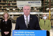 Retired general Rick Hillier, chair of Ontario's vaccine distribution task force, speaks at a media conference at pharmaceutical distribution company McKesson Canada in Brampton on December 1, 2020. (CPAC screenshot)