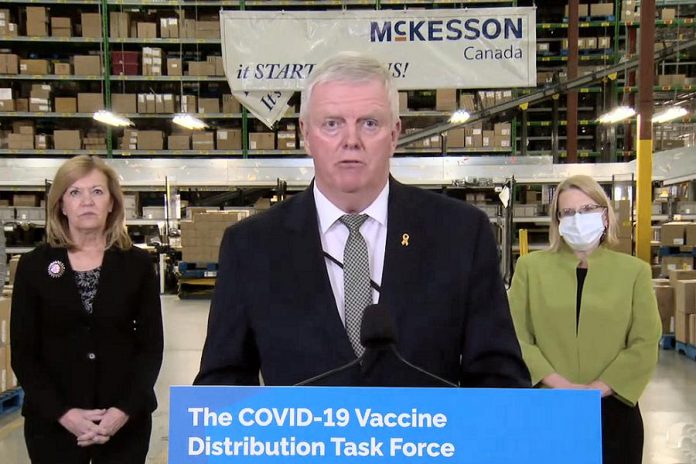 Retired general Rick Hillier, chair of Ontario's vaccine distribution task force, speaks at a media conference at pharmaceutical distribution company McKesson Canada in Brampton on December 1, 2020. (CPAC screenshot)