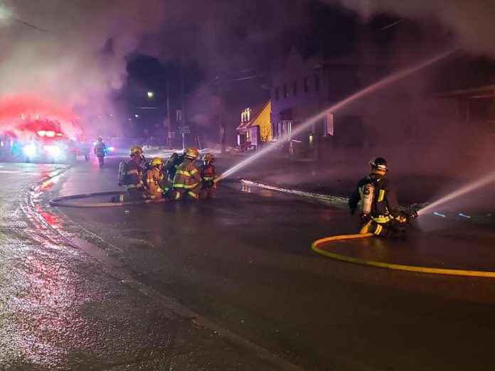 Firefighters with the North Kawartha Fire Department battling flames engulfing Sayers Foods in Apsley in the early morning of December 5, 2020. (Photo: Sayers Foods / Facebook)