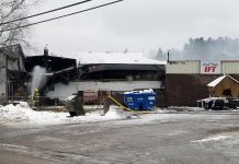 Members of the North Kawartha Fire Department continue to extinguish a fire at Sayers Foods in Apsley that happened early in the morning of December 5, 2020. The building was severely damaged in the fire and will need to be demolished, according to North Kawartha mayor Carolyn Amyotte. Until Sayers Food is able to rebuild, residents of the village of Apsley and the surrounding area will need to travel to Bancroft for groceries. (Photo: OPP)